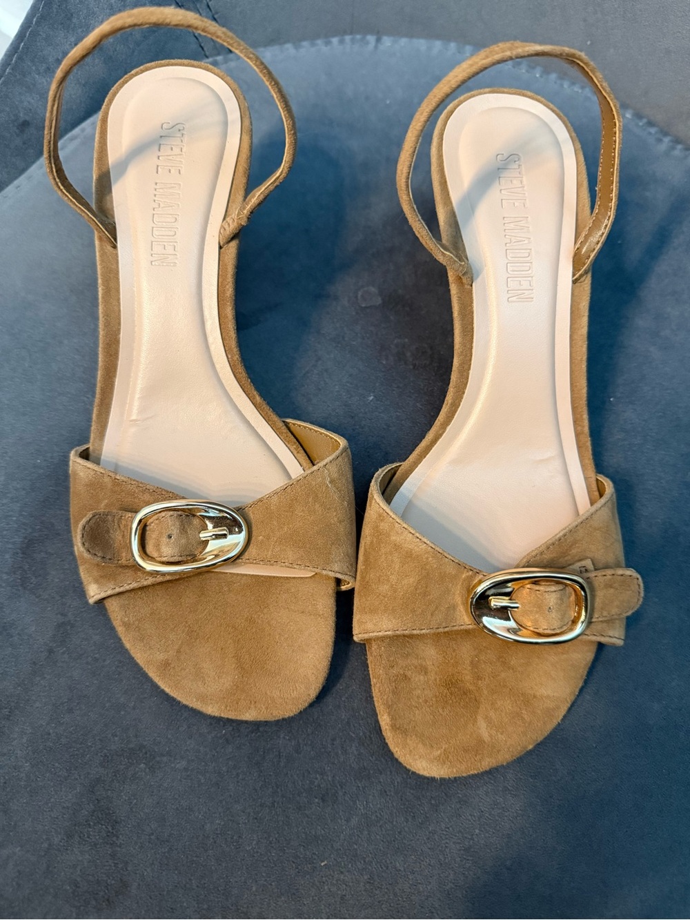 Steve Madden Tan Suede Slingback Sandals with Gold Buckles